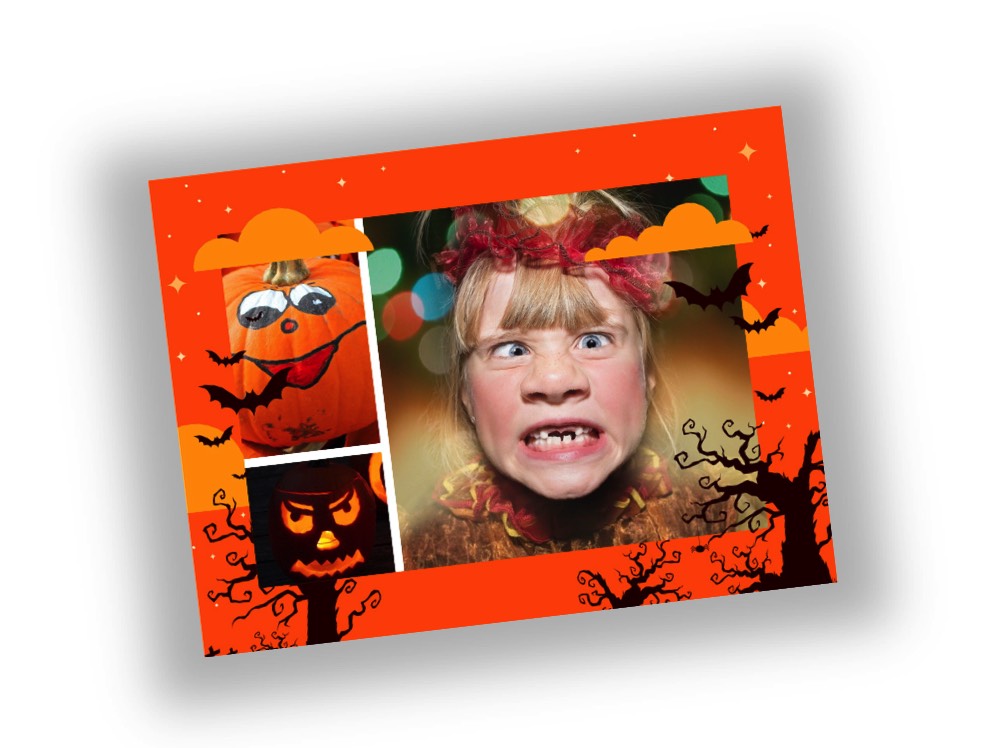 a personalised Halloween postcard with a little girl making a funny face