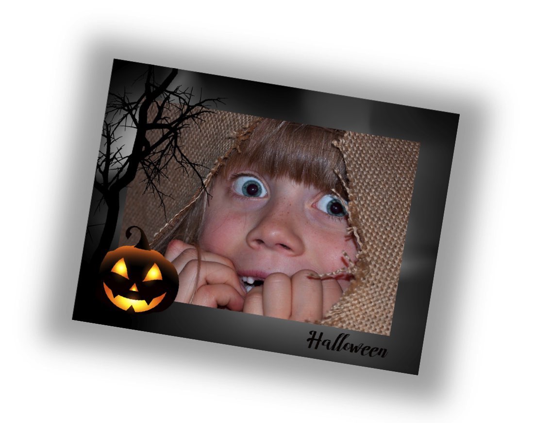 a personalised Halloween postcard with a girl who looks scared