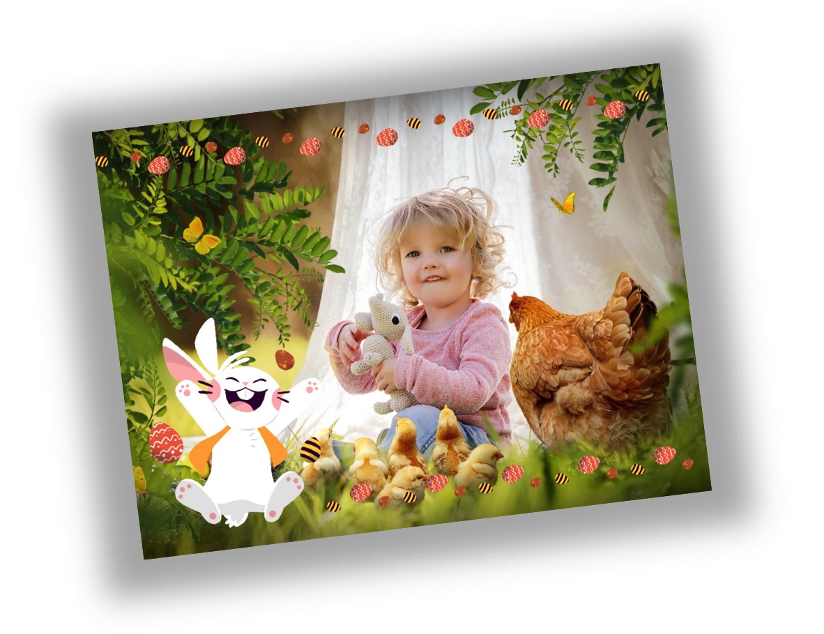 A personalised Easter postcard featuring a little girl and a hen